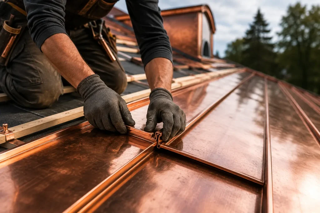a roofer at work, kneeling on a roof and carefully aligning standing-seam copper panels with copper tools