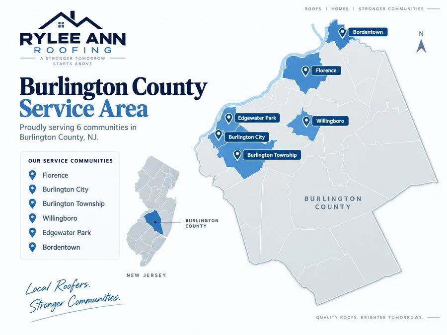 Rylee Ann Roofing service area in Burlington County, NJ.