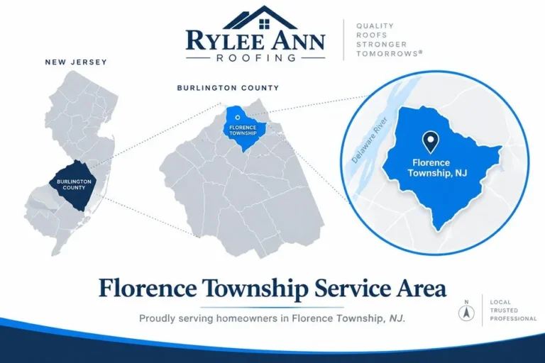 Map showing Florence Township located within Burlington County, New Jersey, served by Rylee Ann Roofing