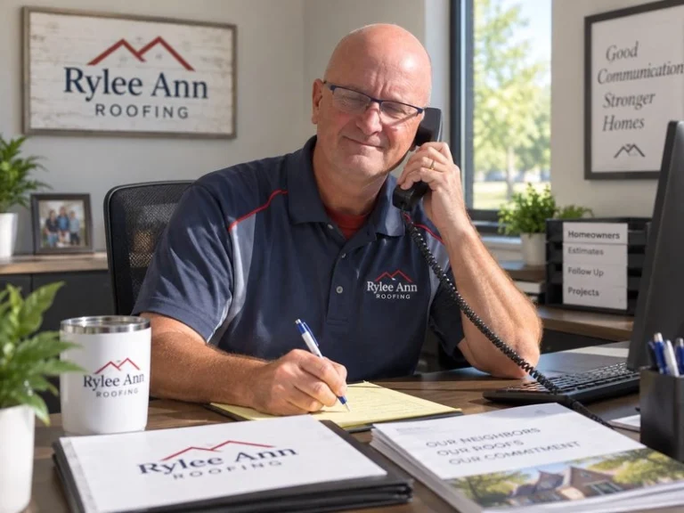 Rylee Ann Roofing owner on the phone with a Florence Township homeowner, taking notes on an estimate